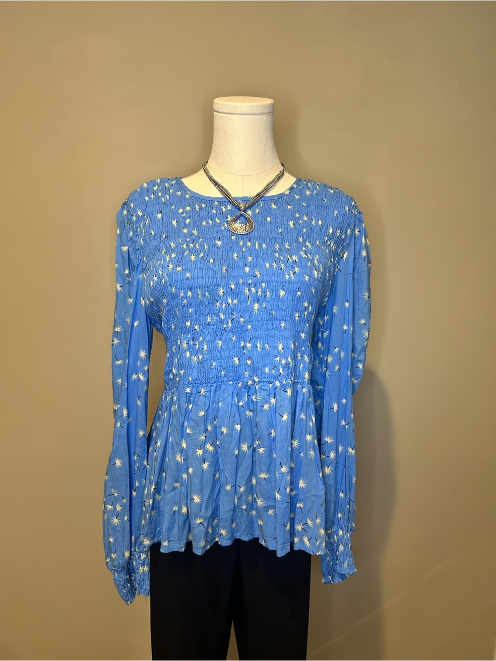 Johnny Becca Blue Smocked Peplum Blouse Medium Boho Floral Top